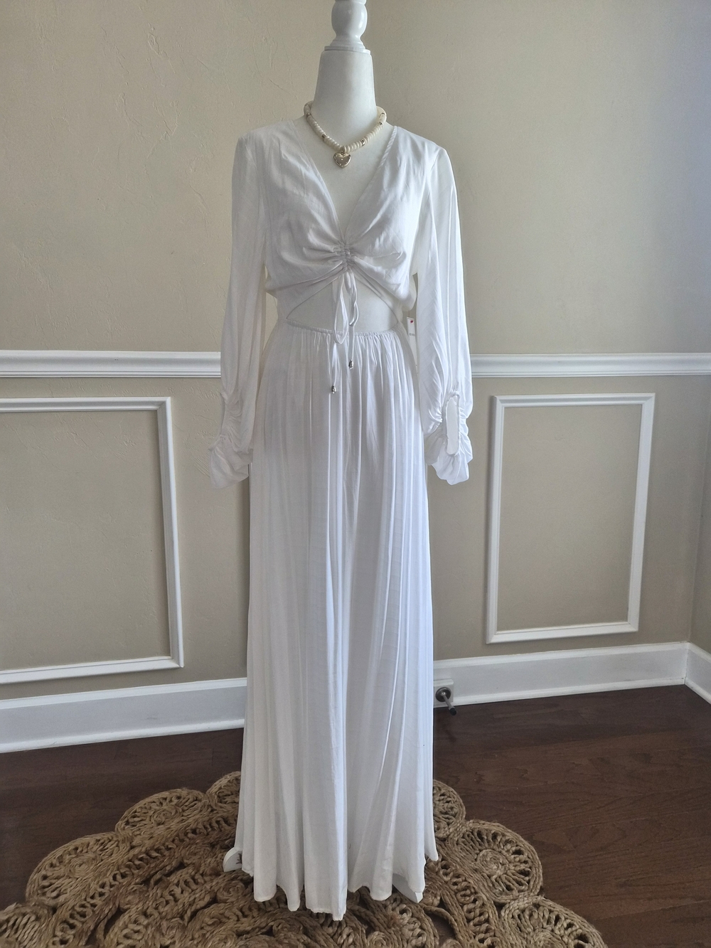 White Long Sleeve Maxi Dress with Front Tie